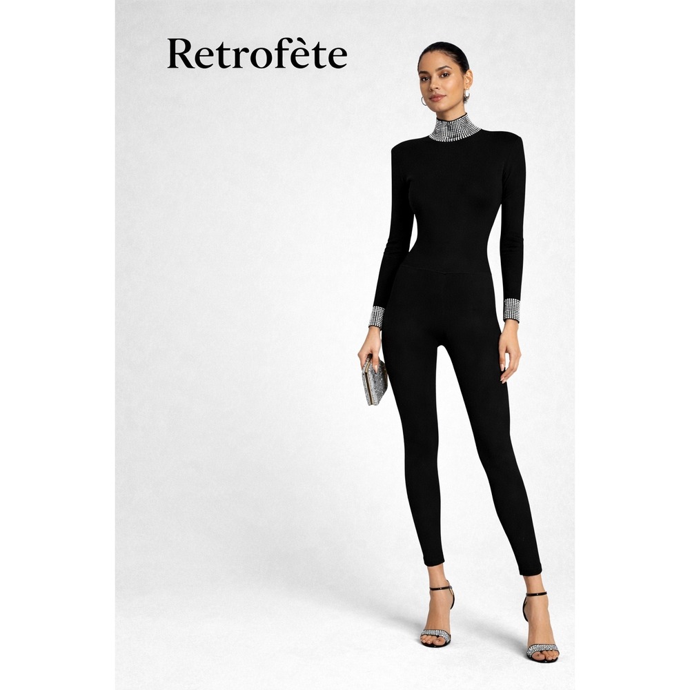 Retrofete Leanne Black Rhinestone Collar and Cuff Jumpsuit XS Womens Long Sleeve
